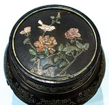 Vintage Applied Stone Roses Bird Gold Detailed Black Lacquer Round Side Table