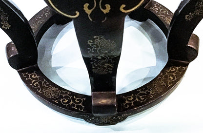 Vintage Applied Stone Roses Bird Gold Detailed Black Lacquer Round Side Table