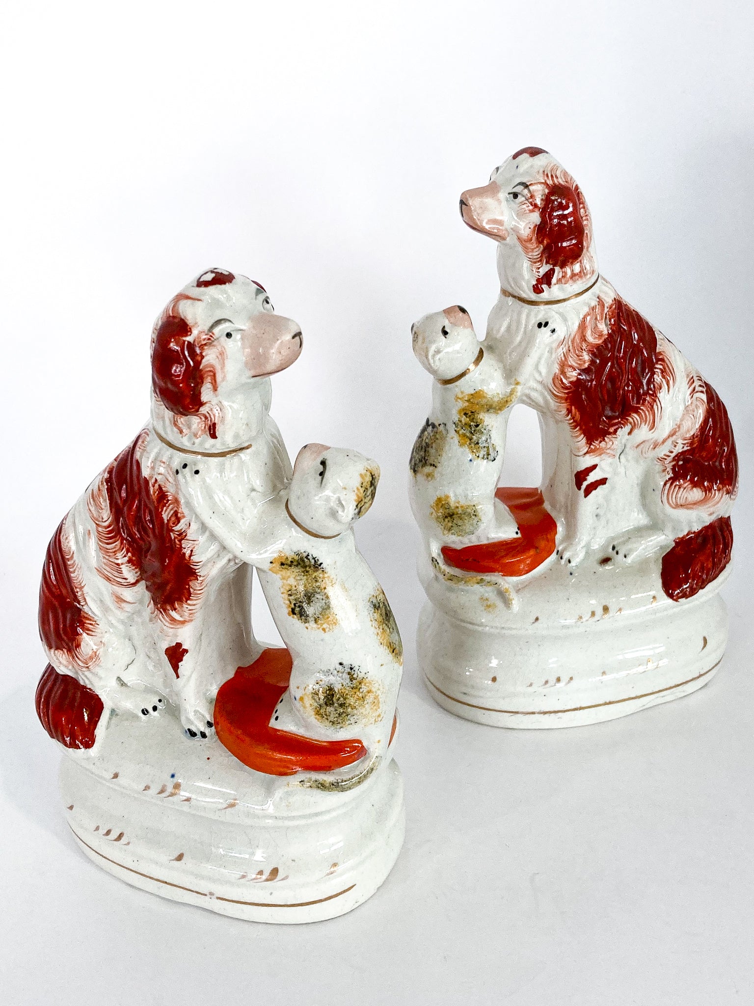 Antique Pair Rare Staffordshire Cat and Spaniel Dog Porcelain Figurines Side 1