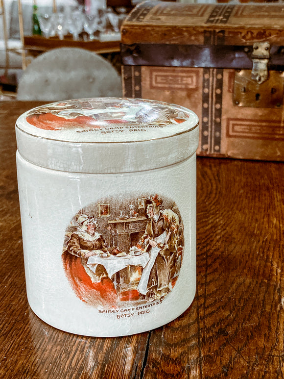 Vintage Sairey Gamp Lancaster Sandland Porcelain Cylidrical English Trinket Box Jar