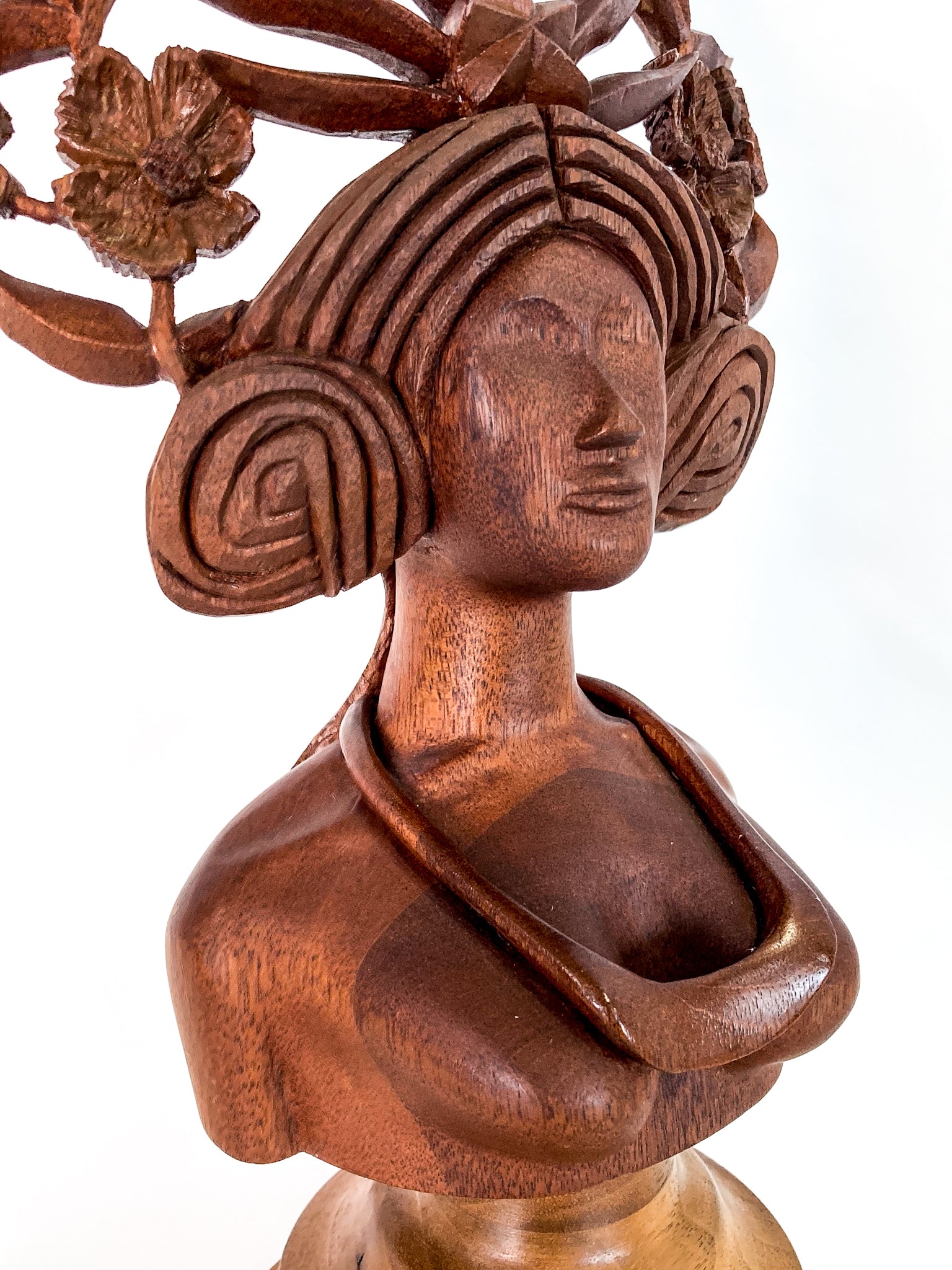 Vintage Floral Headdress Female Hand Carved Teak Wooden Sculpture 3