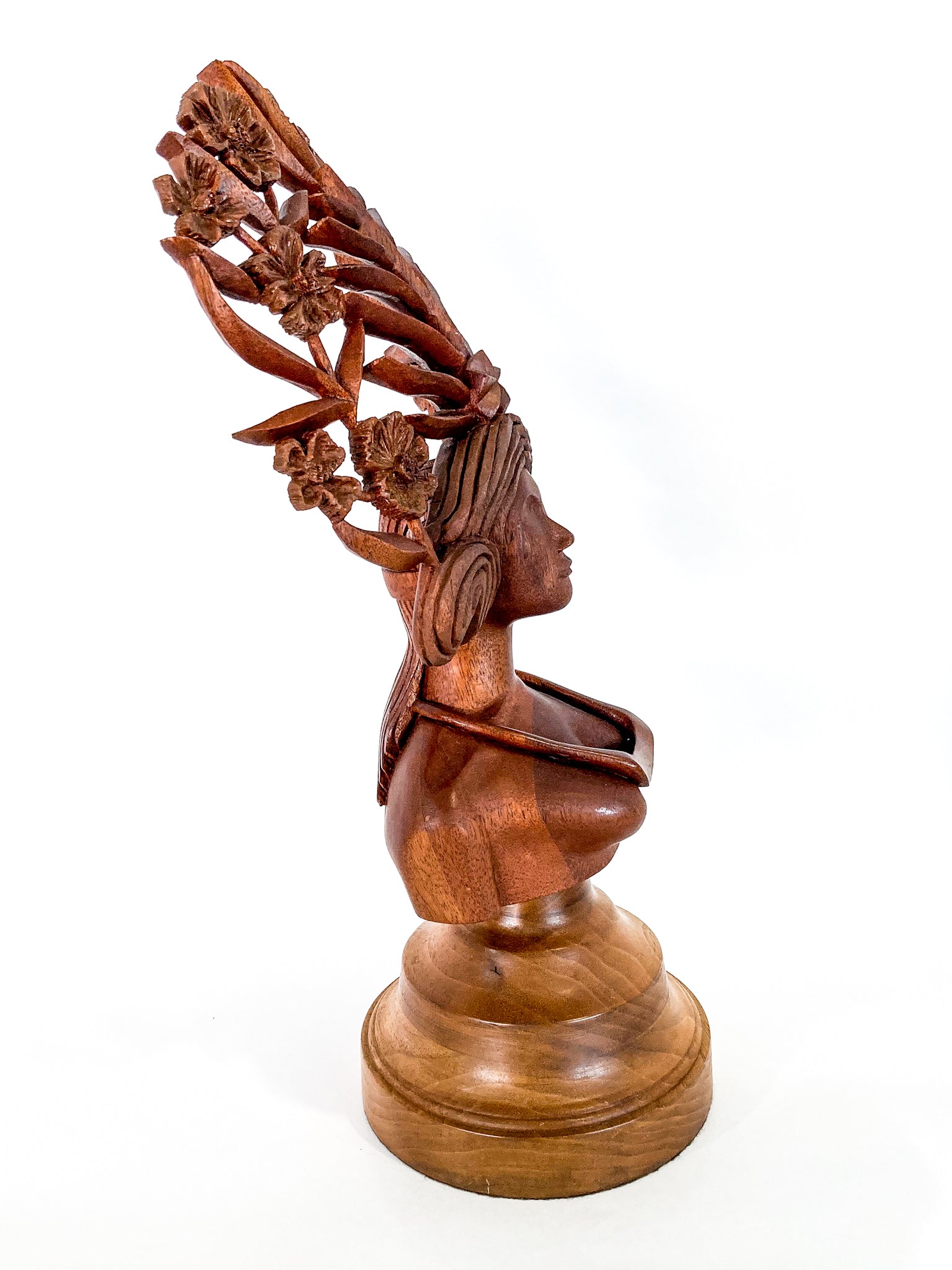 Vintage Floral Headdress Female Hand Carved Teak Wooden Sculpture 4