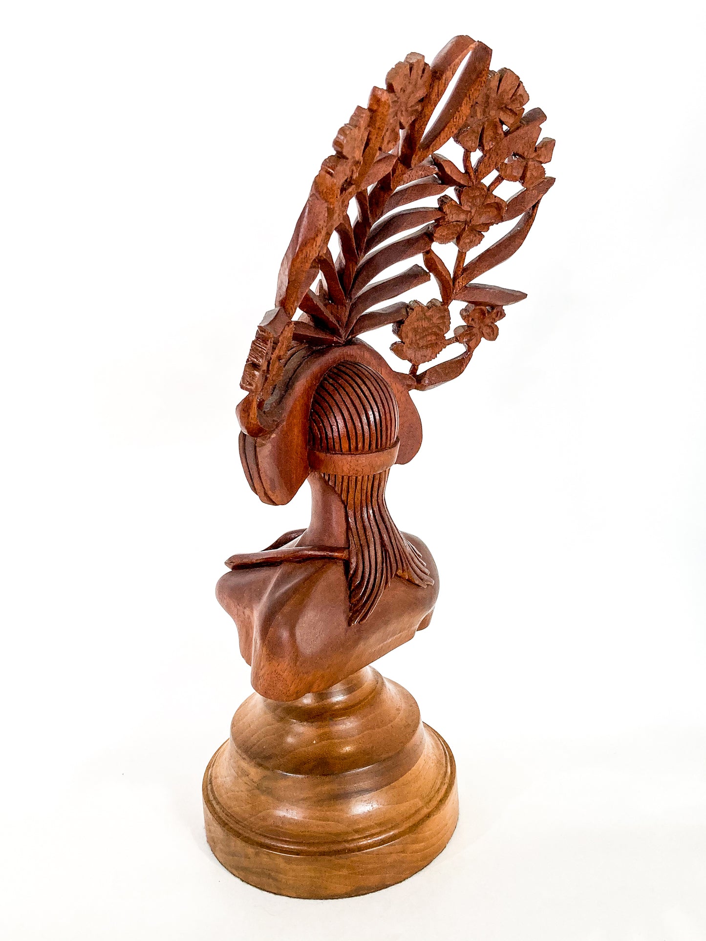 Vintage Floral Headdress Female Hand Carved Teak Wooden Sculpture 8