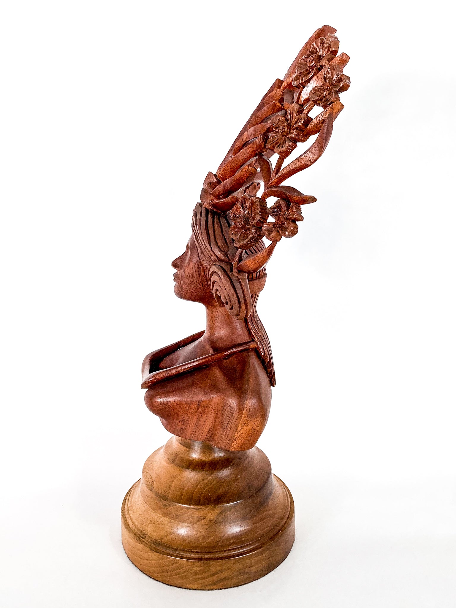 Vintage Floral Headdress Female Hand Carved Teak Wooden Sculpture 9