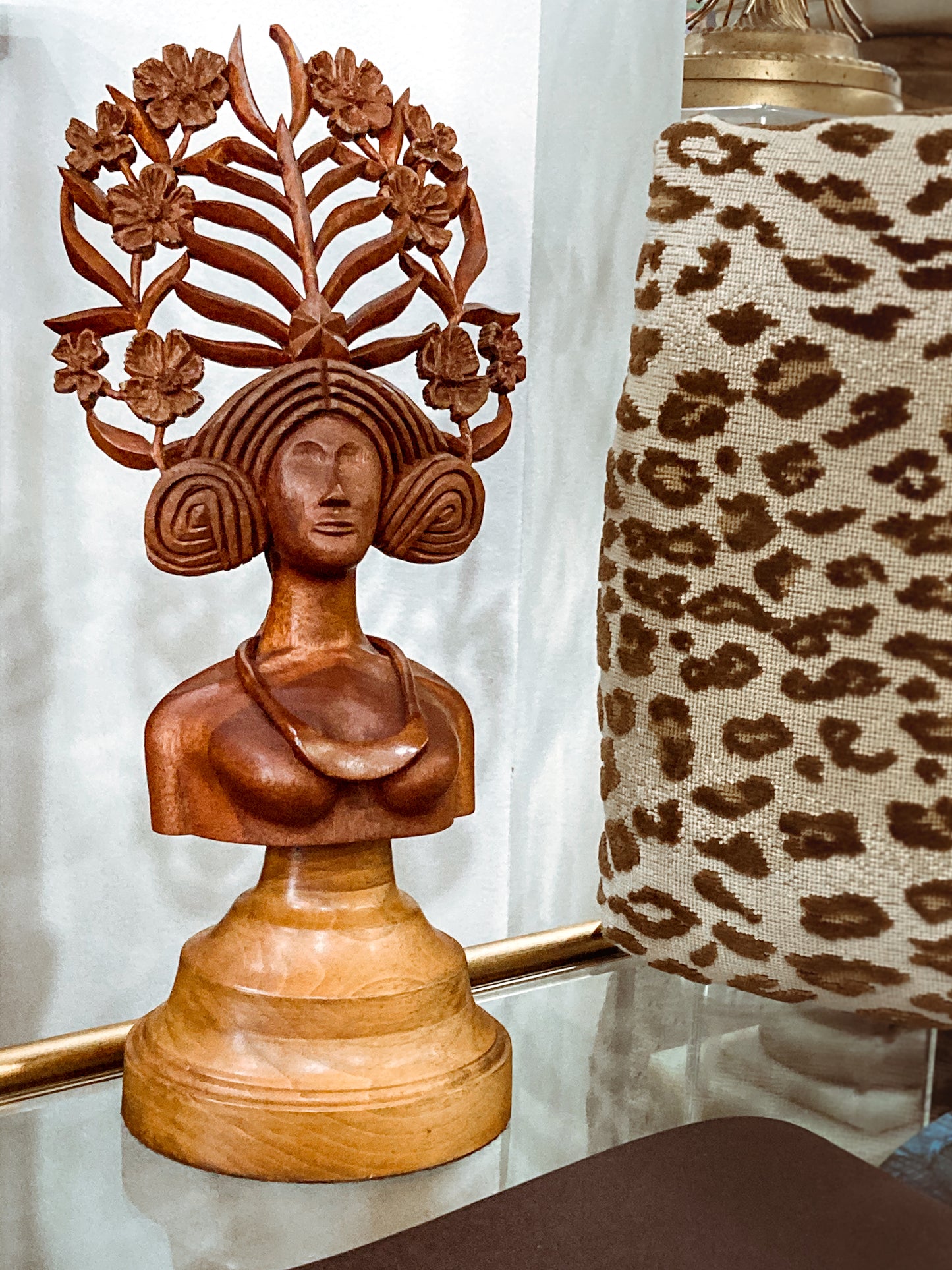 Vintage Floral Headdress Female Hand Carved Teak Wooden Sculpture