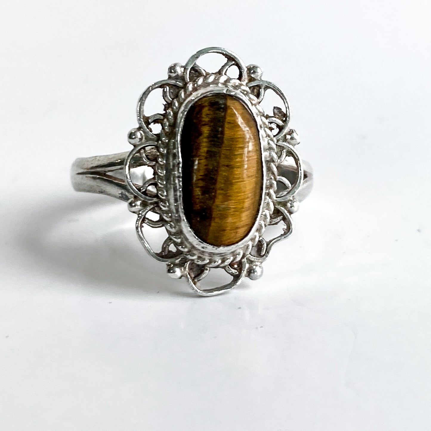 Vintage Mexico Sterling Silver Oval Faux Tiger Eye Wood Filigree Ring Front