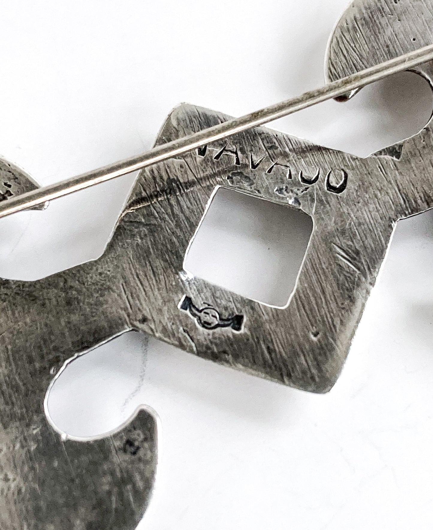 Vintage Navajo Silver Bowtie Swirl Symmetry Shape Brooch Pin Jewelry Back Close Up
