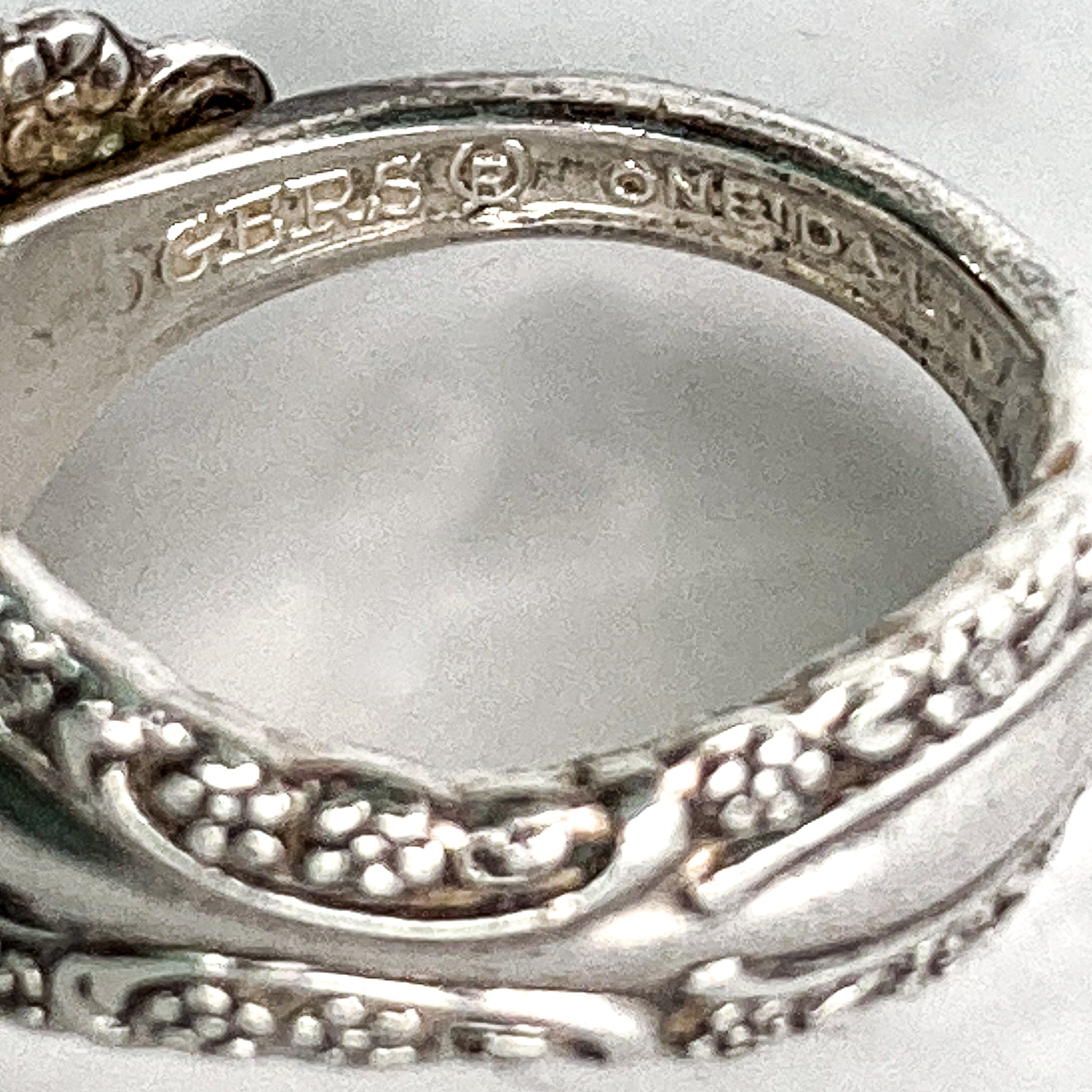 Vintage Recycled Oneida Silver Artsy Floral Repousse Spoon Handle Ring Inside