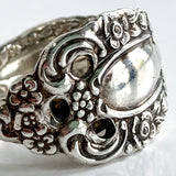 Vintage Recycled Oneida Silver Artsy Floral Repousse Spoon Handle Ring Close Up