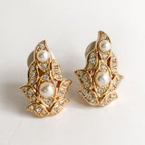 Vintage Swarovski Crystal Rhinestone Pearl Gold Leaf Clip Earrings Front