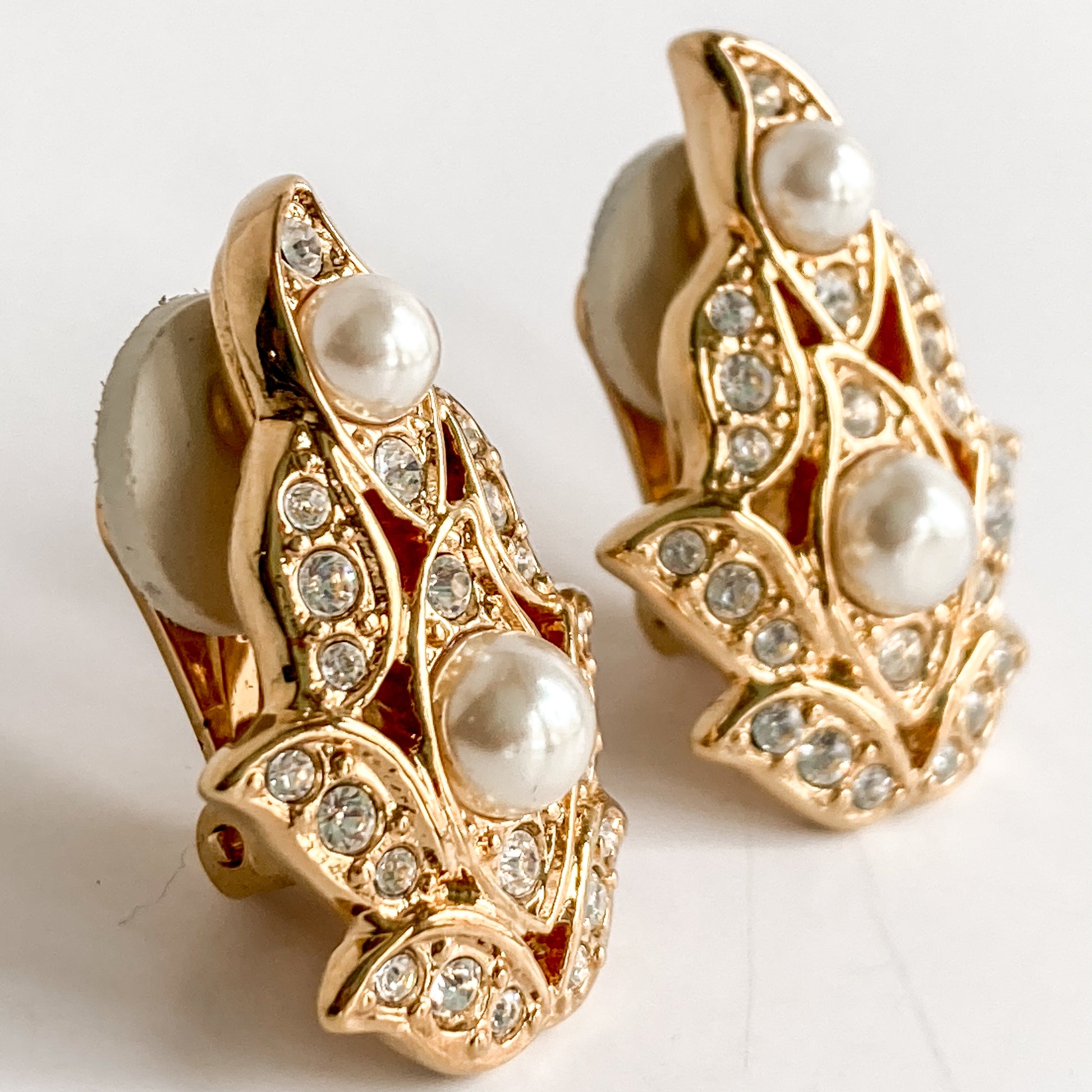 Vintage Swarovski Crystal Rhinestone Pearl Gold Leaf Clip Earrings Slightly Angled More