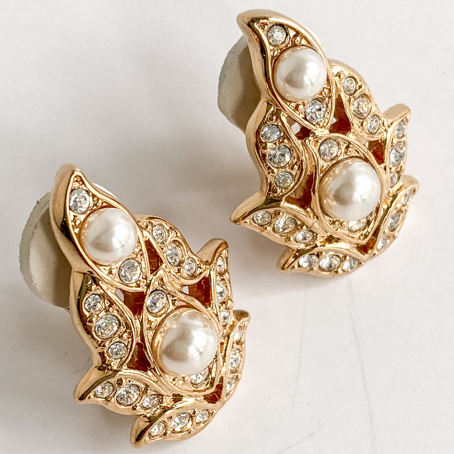 Vintage Swarovski Crystal Rhinestone Pearl Gold Leaf Clip Earrings Slightly Above
