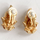 Vintage Swarovski Crystal Rhinestone Pearl Gold Leaf Clip Earrings Backs