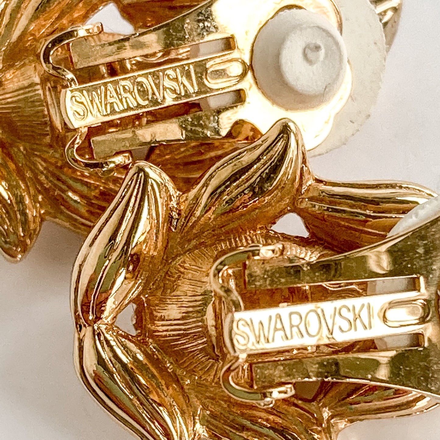 Vintage Swarovski Crystal Rhinestone Pearl Gold Leaf Clip Earrings Close Up Markings