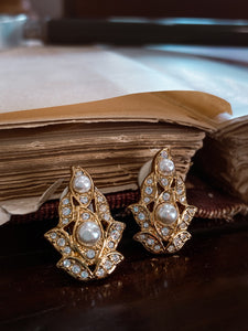 Vintage Swarovski Crystal Rhinestone Pearl Gold Leaf Clip Earrings