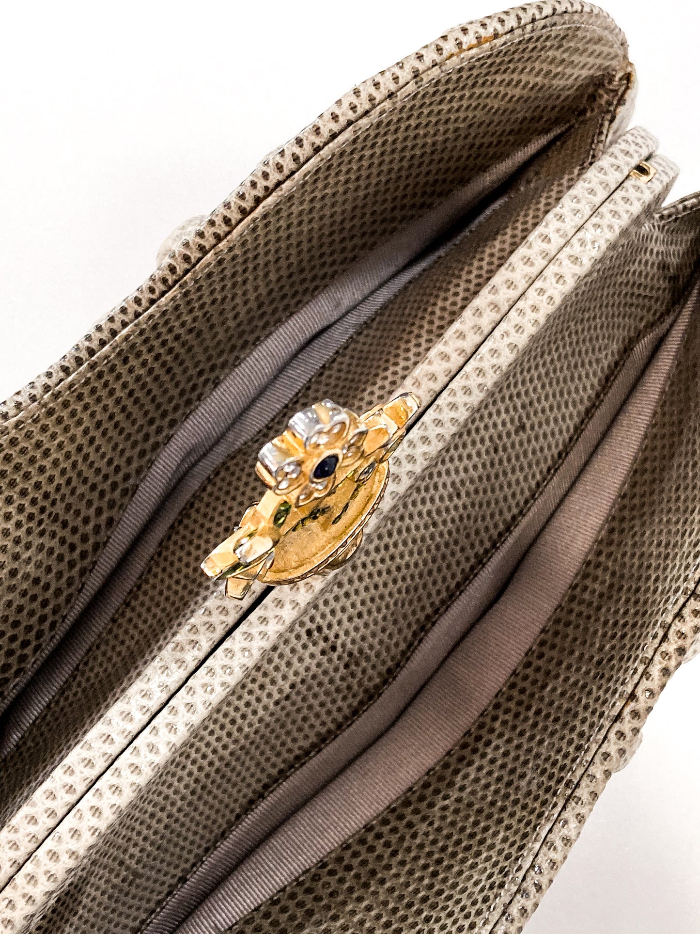 Vintage Judith Leiber Champagne Snakeskin Floral Clasp Crossbody Clutch Bag Top