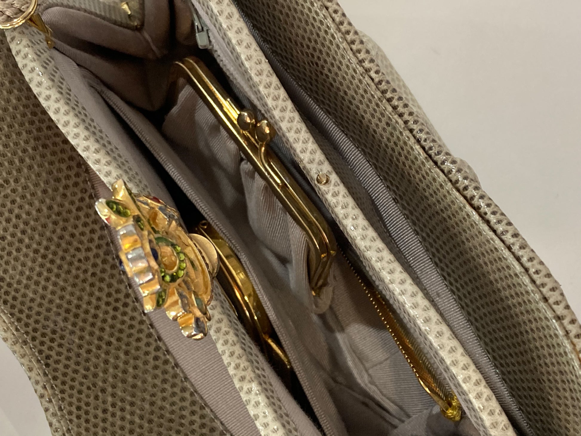 Vintage Judith Leiber Champagne Snakeskin Floral Clasp Crossbody Clutch Bag Close Up Inside