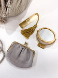 Vintage Judith Leiber Champagne Snakeskin Floral Clasp Crossbody Clutch Bag Items Close Up