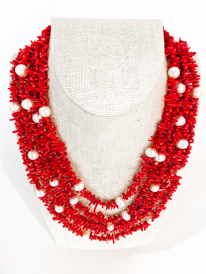 Gorgeous Five Strand Bright Coral Bead Cultured Pearl Silver Closure Necklace