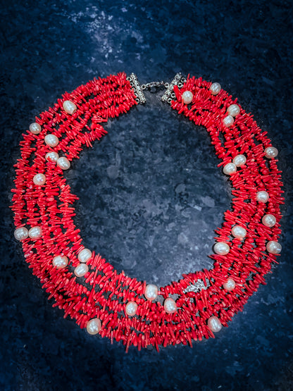 Gorgeous Five Strand Bright Coral Bead Cultured Pearl Silver Closure Necklace
