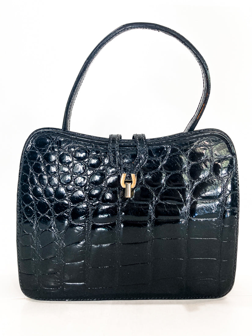 Vintage Black French Crocodile Patent Leather Classic Handbag Purse
