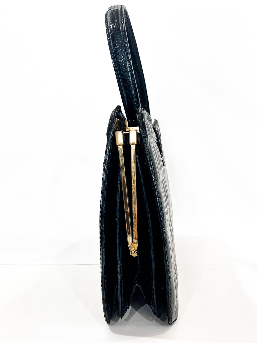 Vintage Black French Crocodile Patent Leather Classic Handbag Purse Side