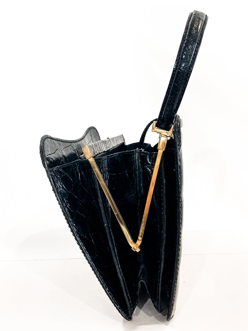 Vintage Black French Crocodile Patent Leather Classic Handbag Purse Side 2 Open