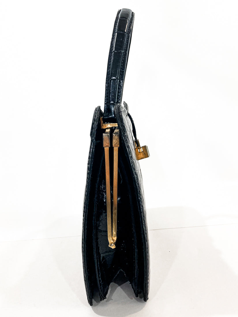 Vintage Black French Crocodile Patent Leather Classic Handbag Purse Side 2