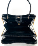 Vintage Black French Crocodile Patent Leather Classic Handbag Purse Open