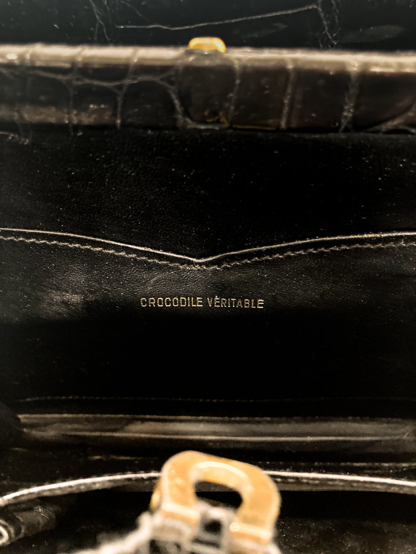 Vintage Black French Crocodile Patent Leather Classic Handbag Purse Material Marking