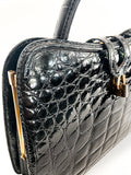Vintage Black French Crocodile Patent Leather Classic Handbag Purse Close Up Texture