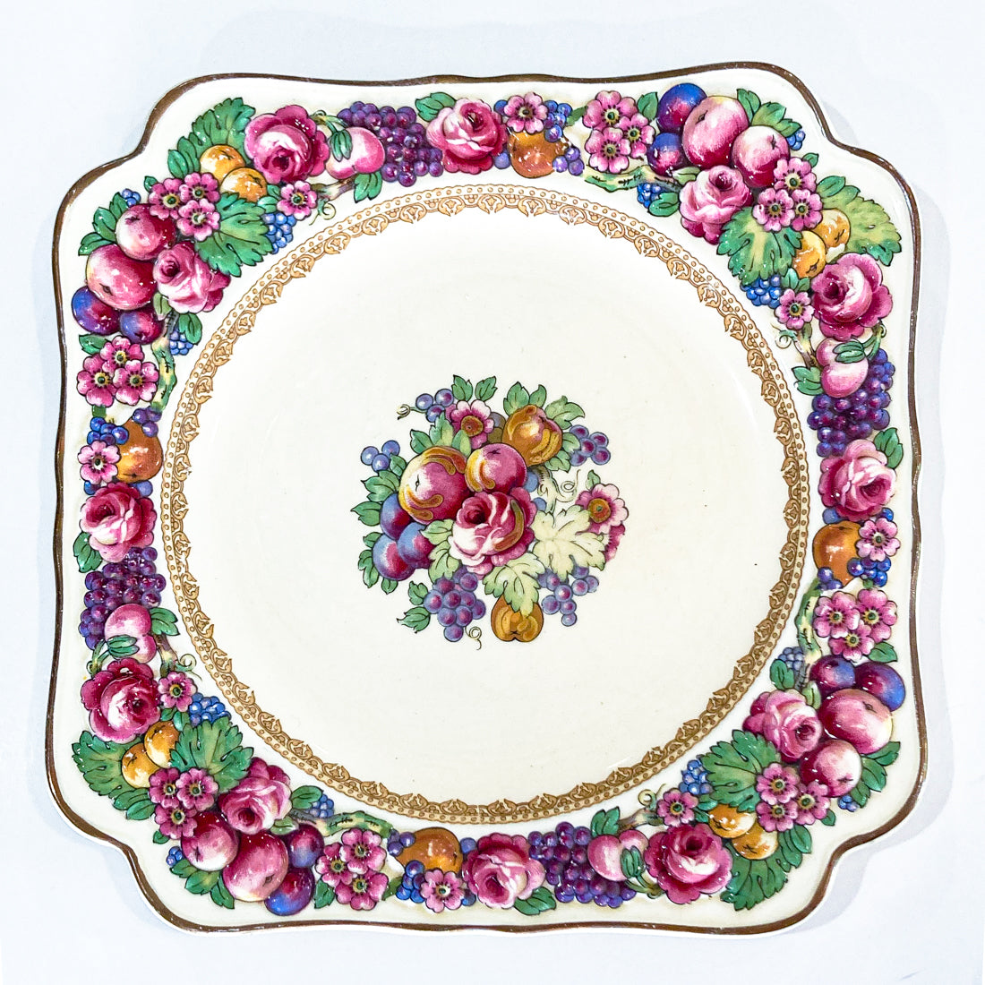 Set of Ten Vintage Crown Ducal Fruit and Flower Motif Square Florentine Dessert Salad Plates Single Plate
