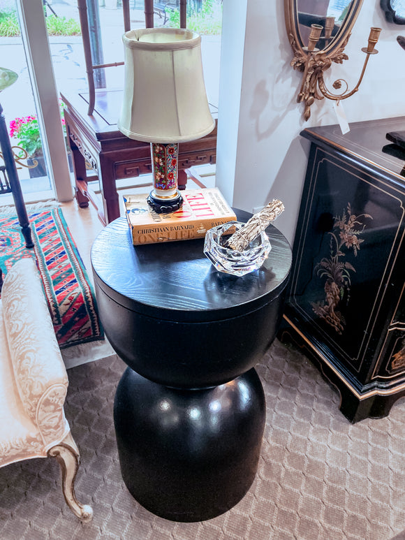 Repurposed Vintage Black Fiberglass Wood Top Hourglass Accent Side Table