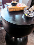 Repurposed Vintage Black Fiberglass Wood Top Hourglass Accent Side Table Close Up