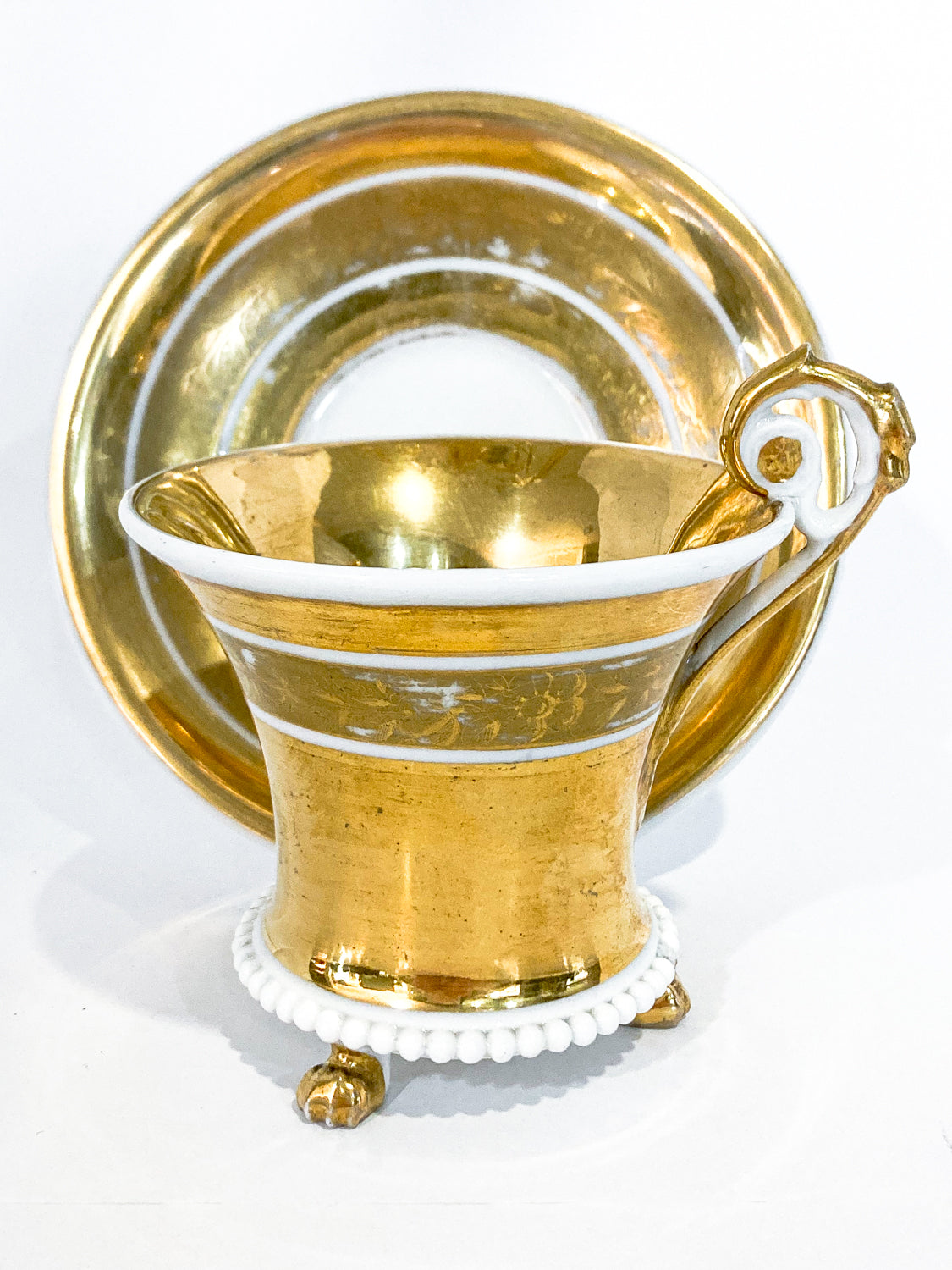 Antique Regal Golden Claw Foot Gilded Porcelain Cup & Saucer Set Side 1 Different Angle