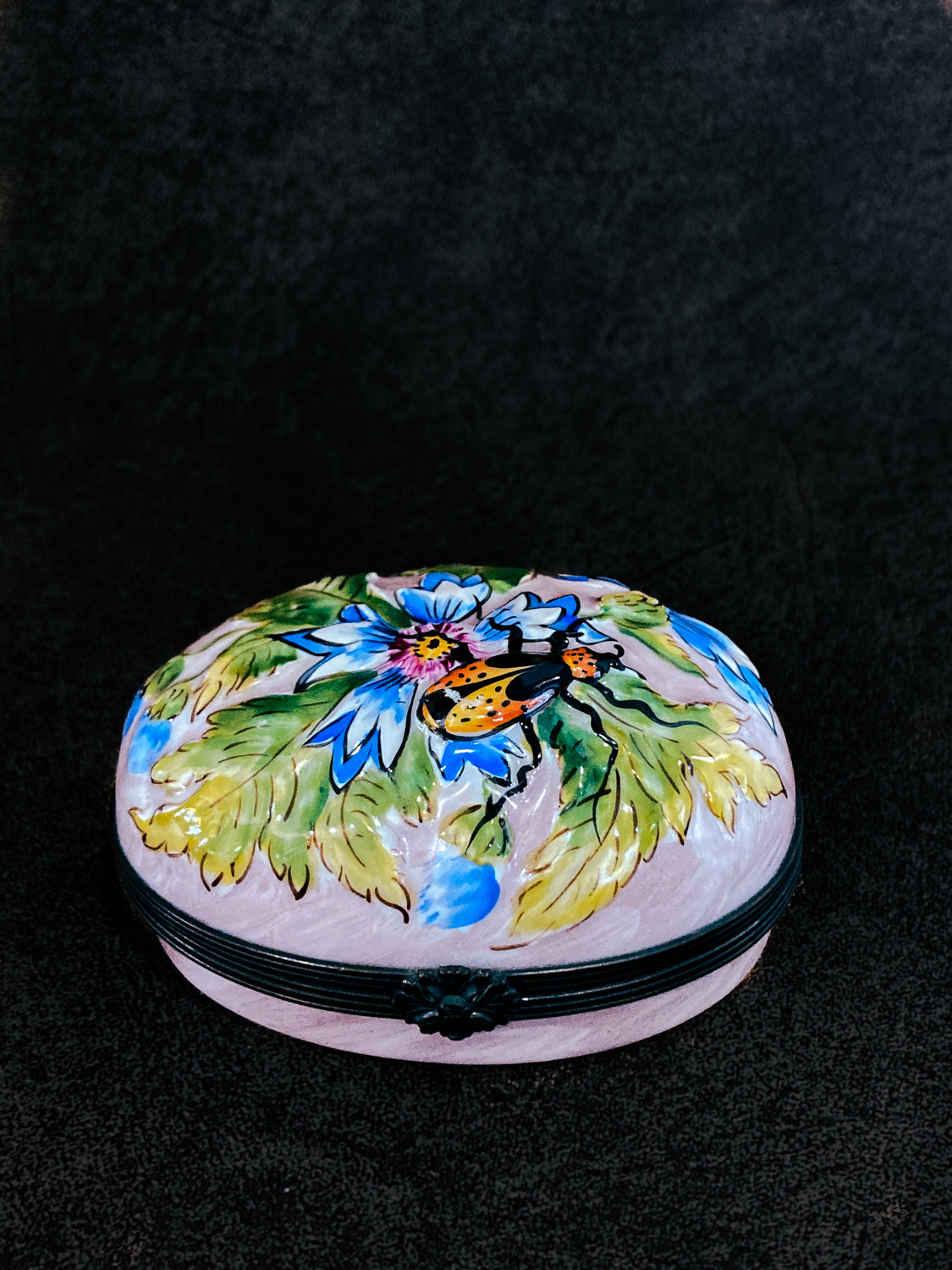 Limoges France Floral Beetle Pink Glass Style Oval Porcelain Pillbox 1