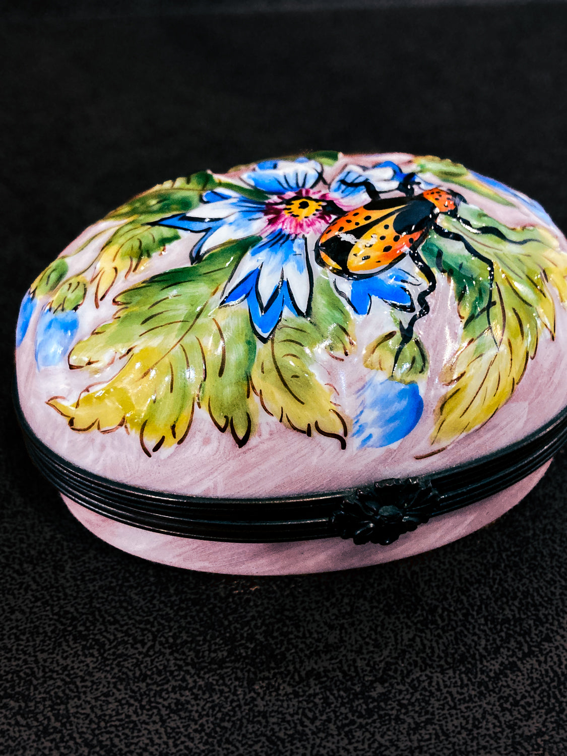 Limoges France Floral Beetle Pink Glass Style Oval Porcelain Pillbox5