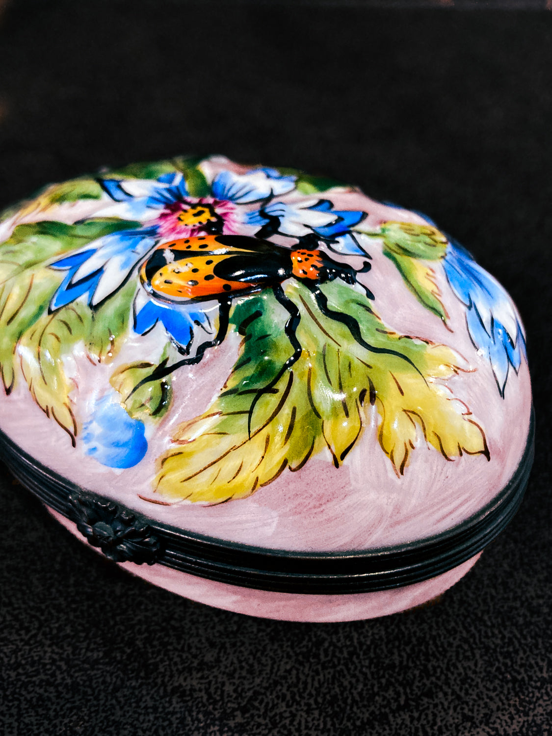 Limoges France Floral Beetle Pink Glass Style Oval Porcelain Pillbox 6