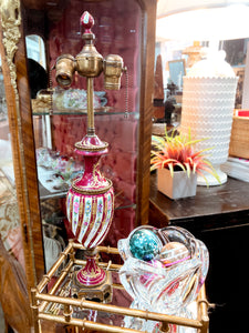 Antique Hand Painted Porcelain Pink Magenta Floral Urn Dual Lamp
