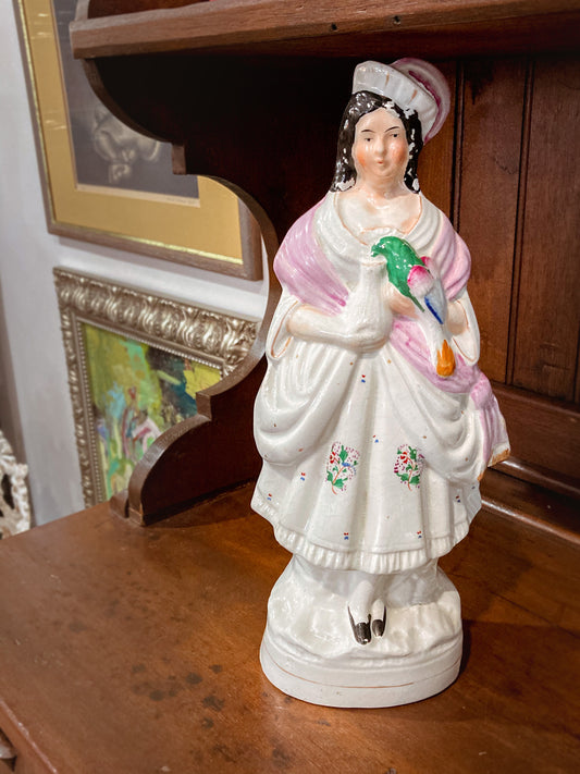 Antique 19th Century Staffordshire Lady Holding Parrot Porcelain Figure Sculpture