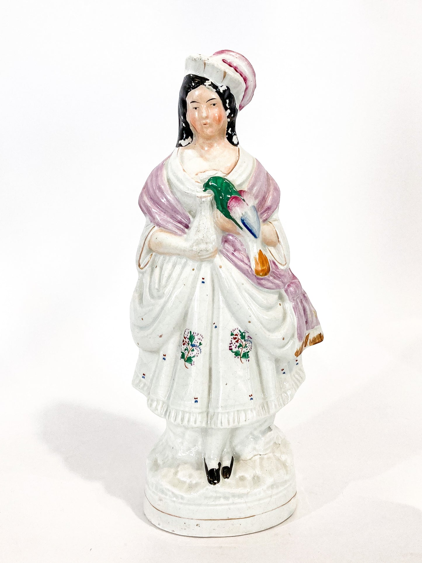 Antique 19th Century Staffordshire Lady Holding Parrot Porcelain Figure Sculpture Front
