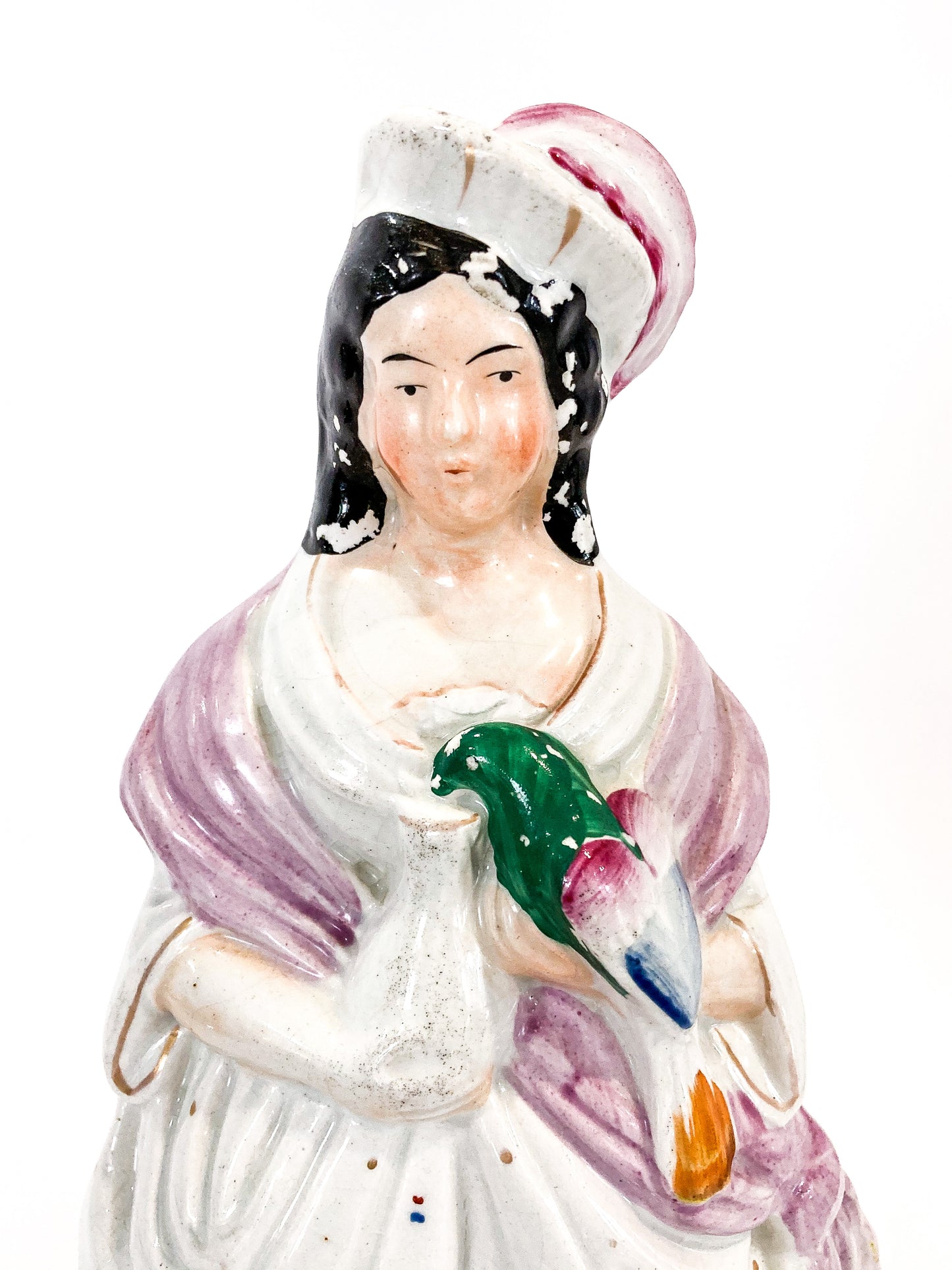 Antique 19th Century Staffordshire Lady Holding Parrot Porcelain Figure Sculpture Close Up Torso