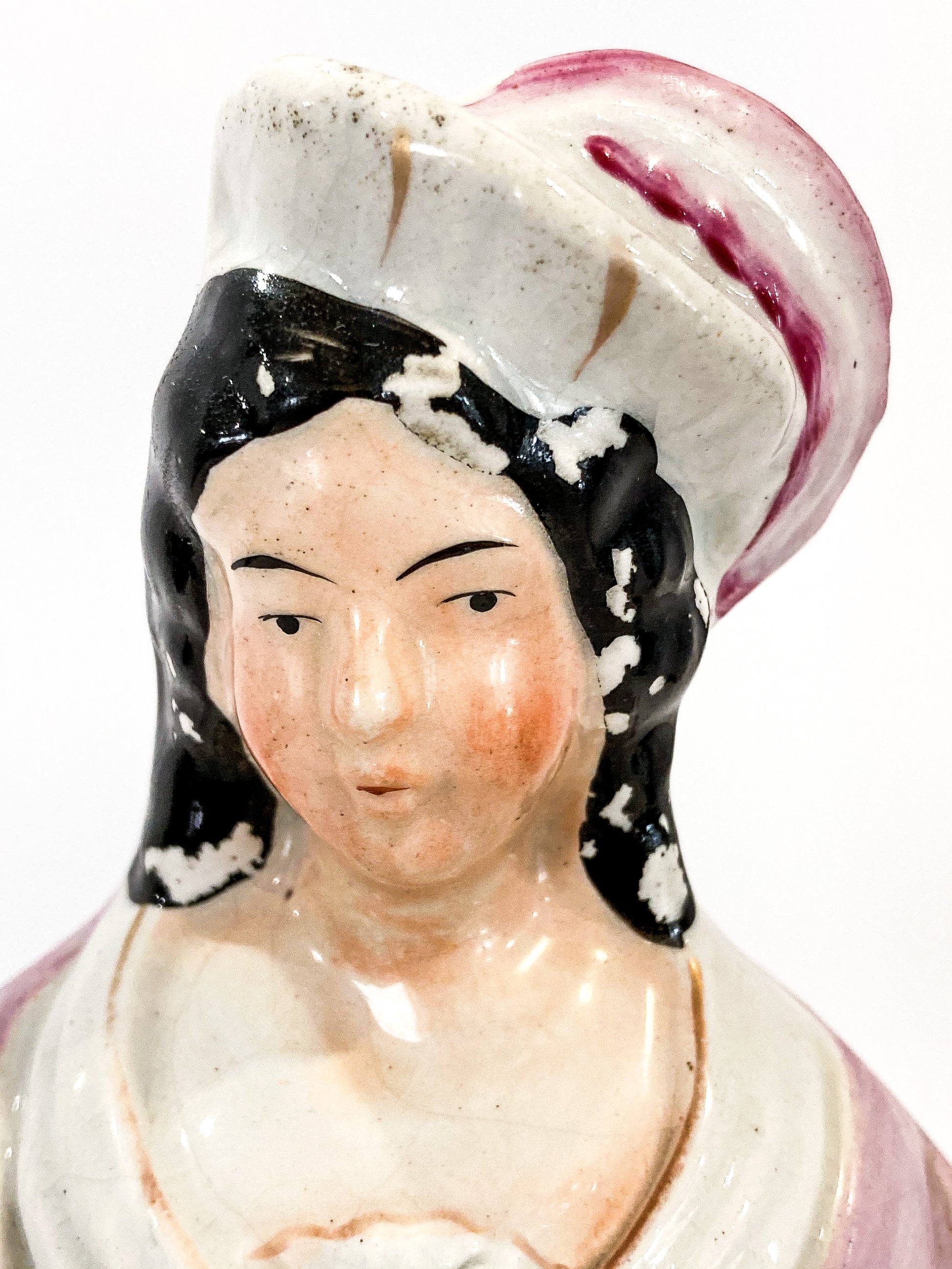 Antique 19th Century Staffordshire Lady Holding Parrot Porcelain Figure Sculpture Close Up Head