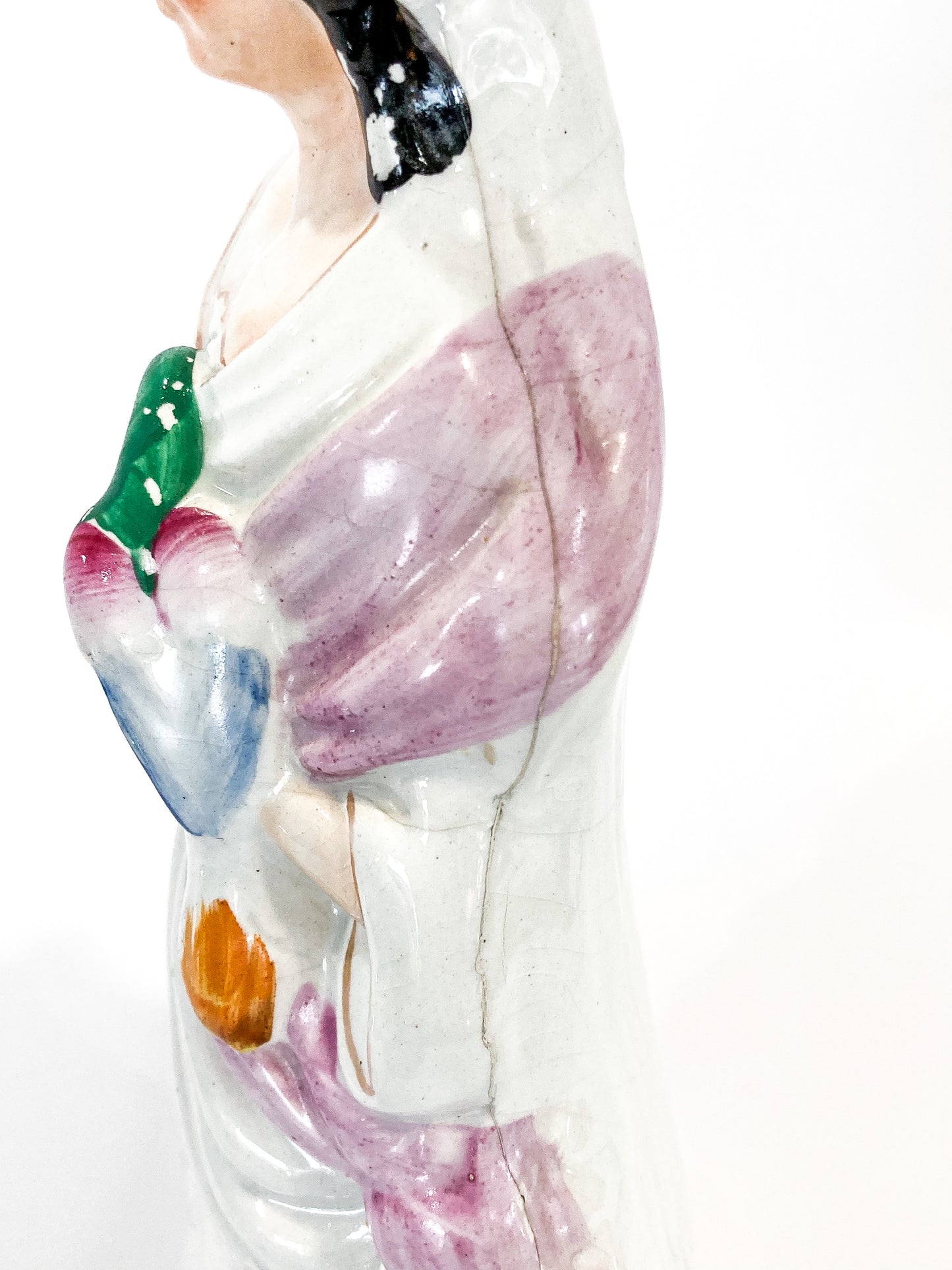 Antique 19th Century Staffordshire Lady Holding Parrot Porcelain Figure Sculpture Close Up Seam