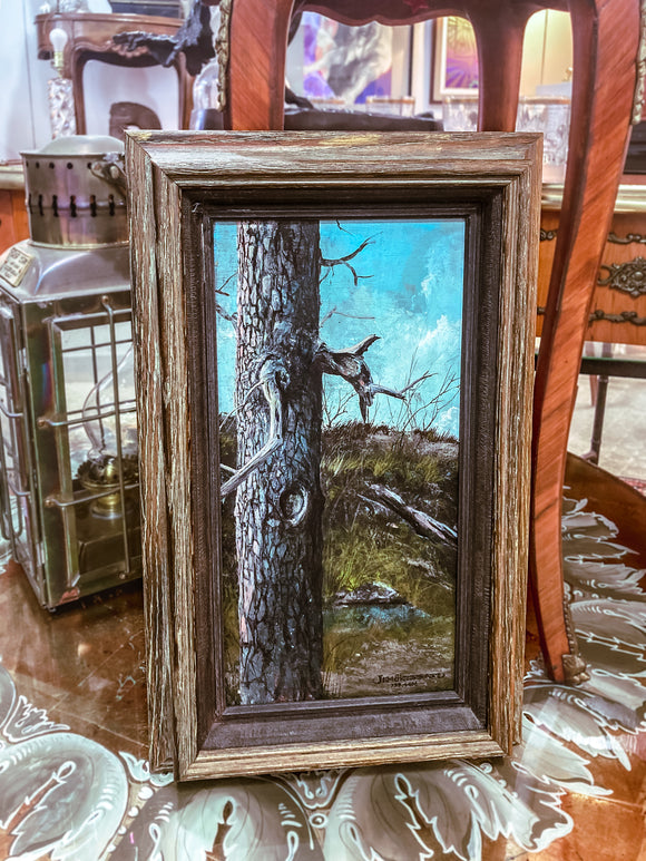 Vintage Jim Hubbard Surrealistic Tree Trunk Oil Painting on Panel Fine Art