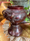 Large Antique Bronze Swallows Cherry Blossom Branch Relief Ikebana Vase