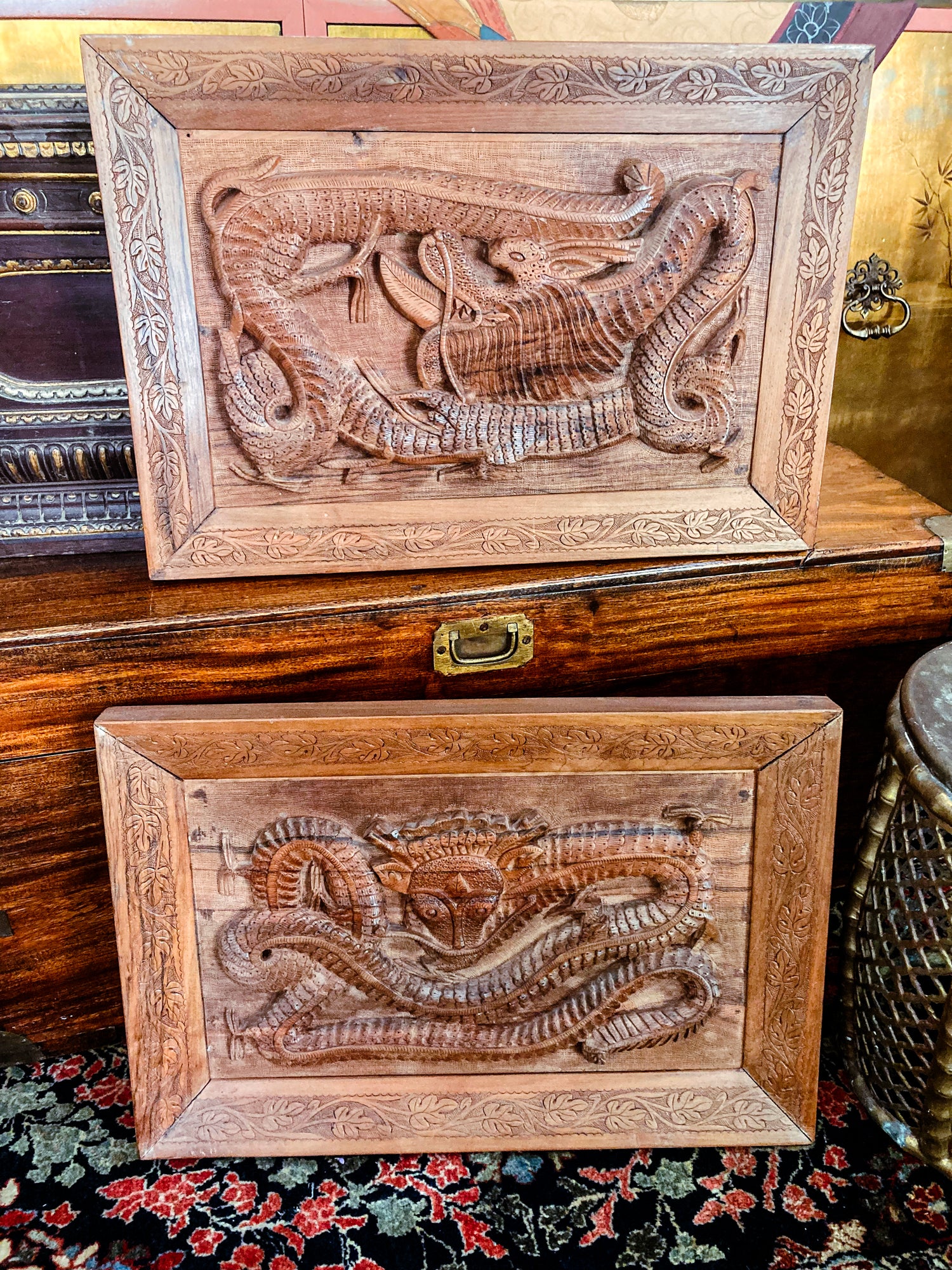 Pair of Intricately Hand Carved Relief Serpent Dragon Teak Wood Plaques