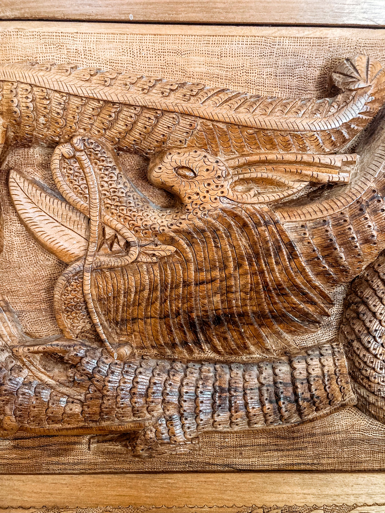 Pair of Intricately Hand Carved Relief Serpent Dragon Teak Wood Plaques Head Close Up 2