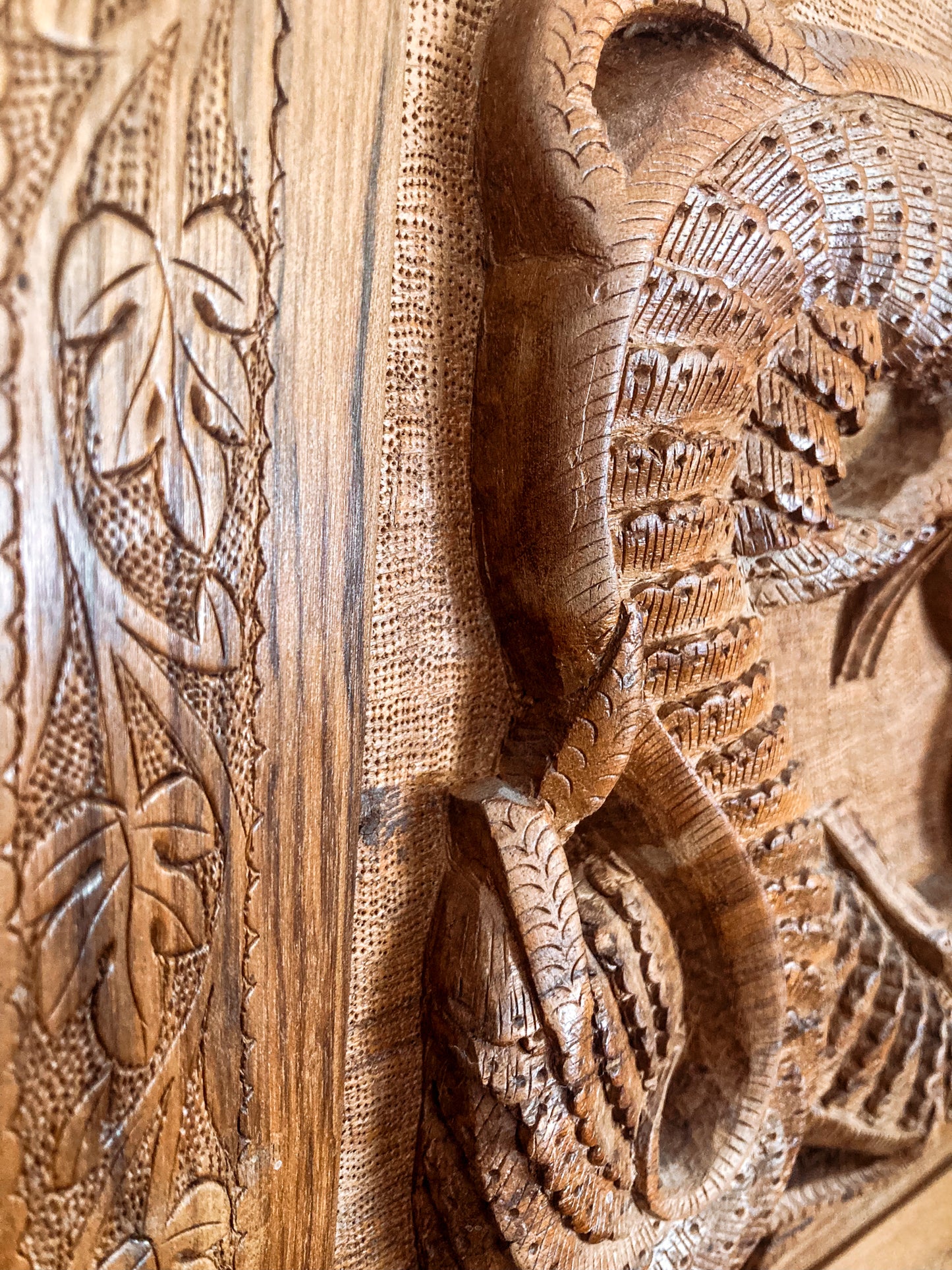 Pair of Intricately Hand Carved Relief Serpent Dragon Teak Wood Plaques Close Up Detail 2