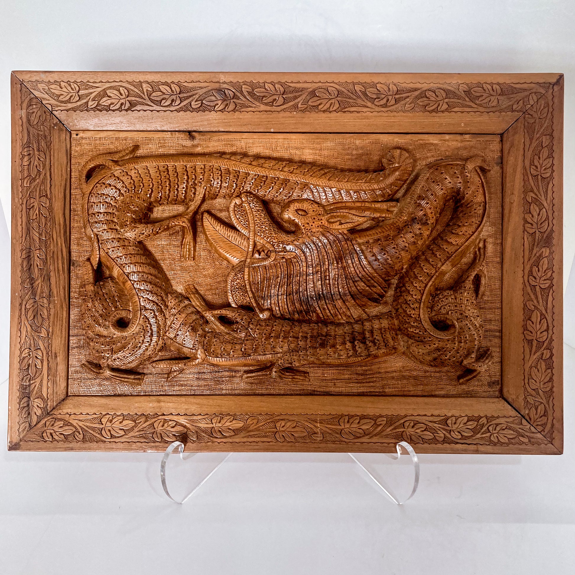 Pair of Intricately Hand Carved Relief Serpent Dragon Teak Wood Plaques 1